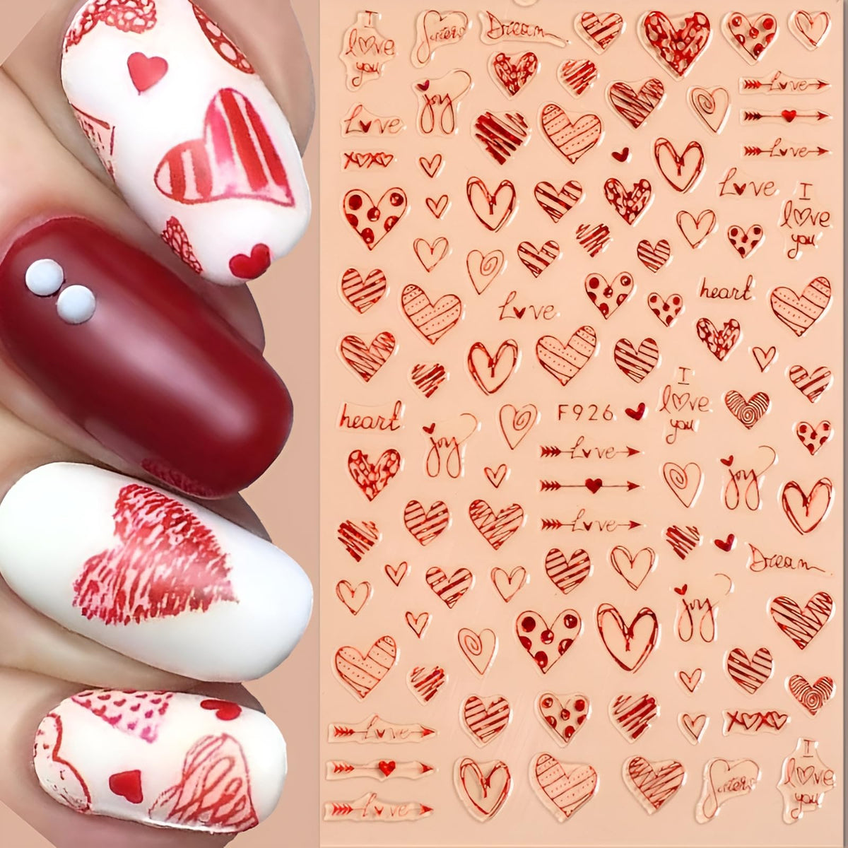 8 Sheets Red Heart Nail Art Stickers Valentine's Day Nail Decals 3D Self-Adhesive Pegatinas Uñas Red Heart Love Nail Supplies Nail Art Design Decoration Accessories for Women
