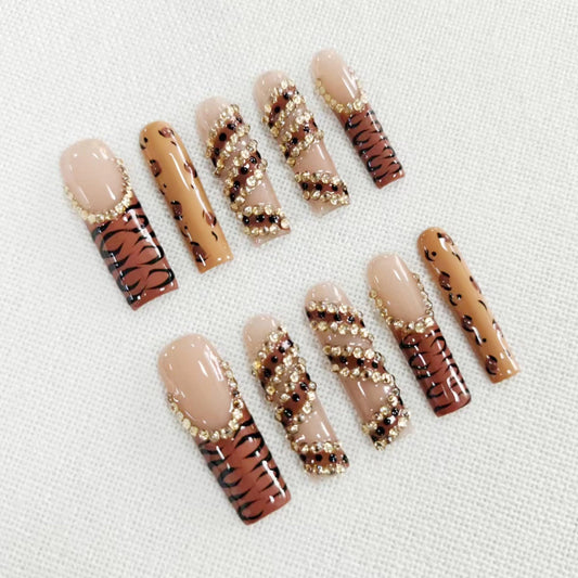 Handmade Press on Nails Extra Long Square Nails Press ons French Tip Leopard Fake Nails with Sparkly Rhinestones Designs False Nails Luxury Full Cove Acrylic Stick on Nail for Women DIY (Size M)