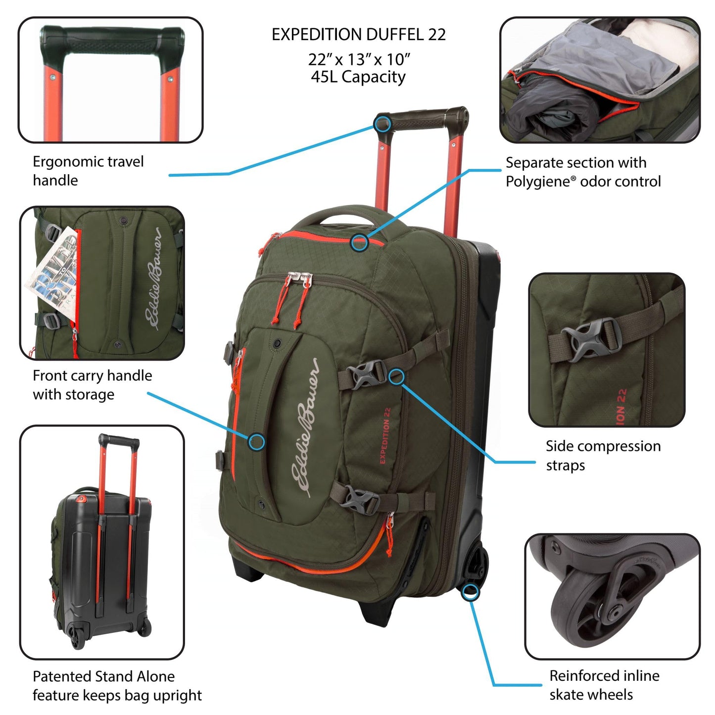 Eddie Bauer Expedition Rolling Duffel Bag with Wheels | Travel | Carry-On | Luggage | Rugged | Durable - Dark Thyme, 22""