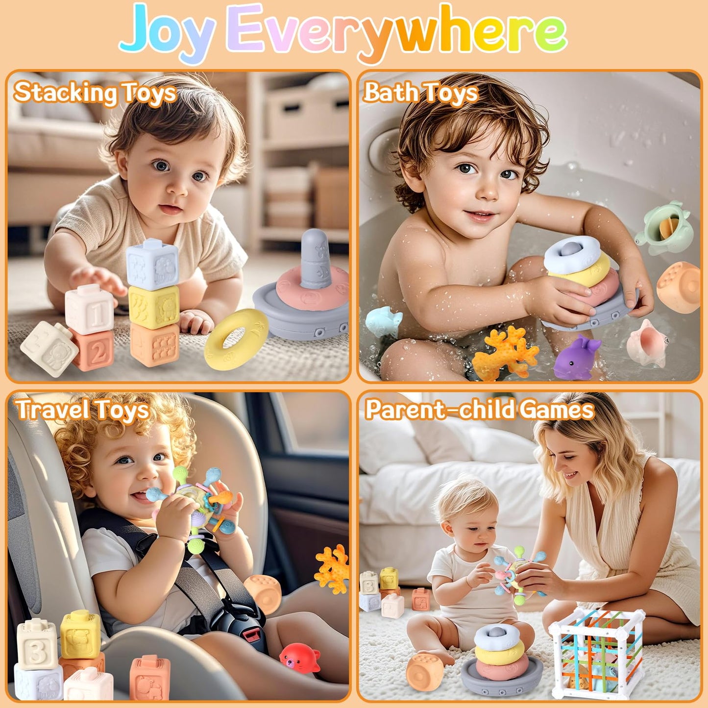 7-in-1 Montessori Baby Toys with Shape Sorter Sensory Bin, Stacking Cups, Soft Sea Animal Toys for 6-12-18 Months, Fun Bath Time Learning Developmental Toys Gifts for 1 2 3 Year Old Girls Boys