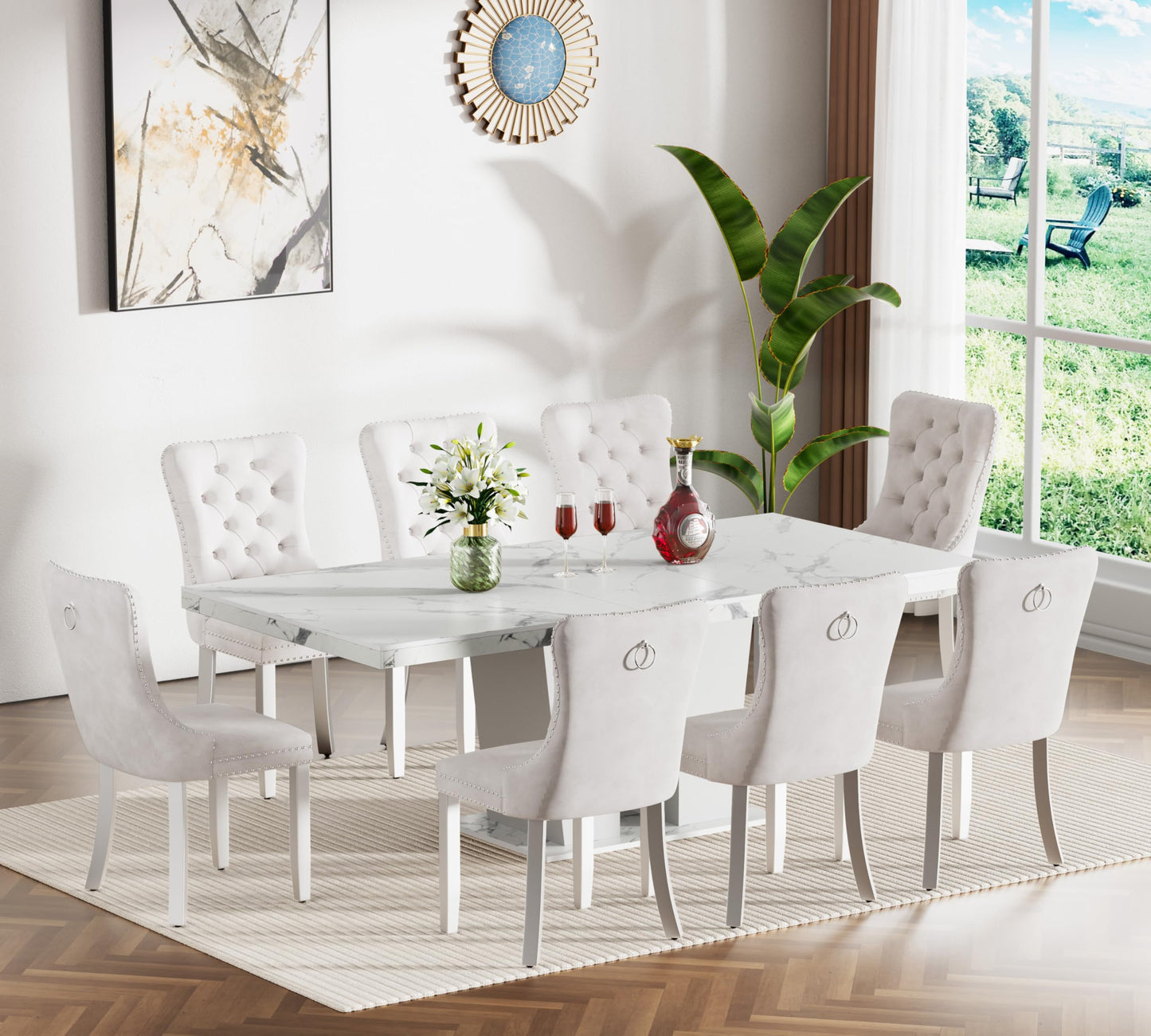 KUVADAZ 63"-78.74" White Faux Marble Extendable Dining Room Table Set for 8, 9-Piece Dining Table Set with 8 Chairs, Rectangle Wooden Expanding Kitchen Table and Beige Upholstered Chairs Set