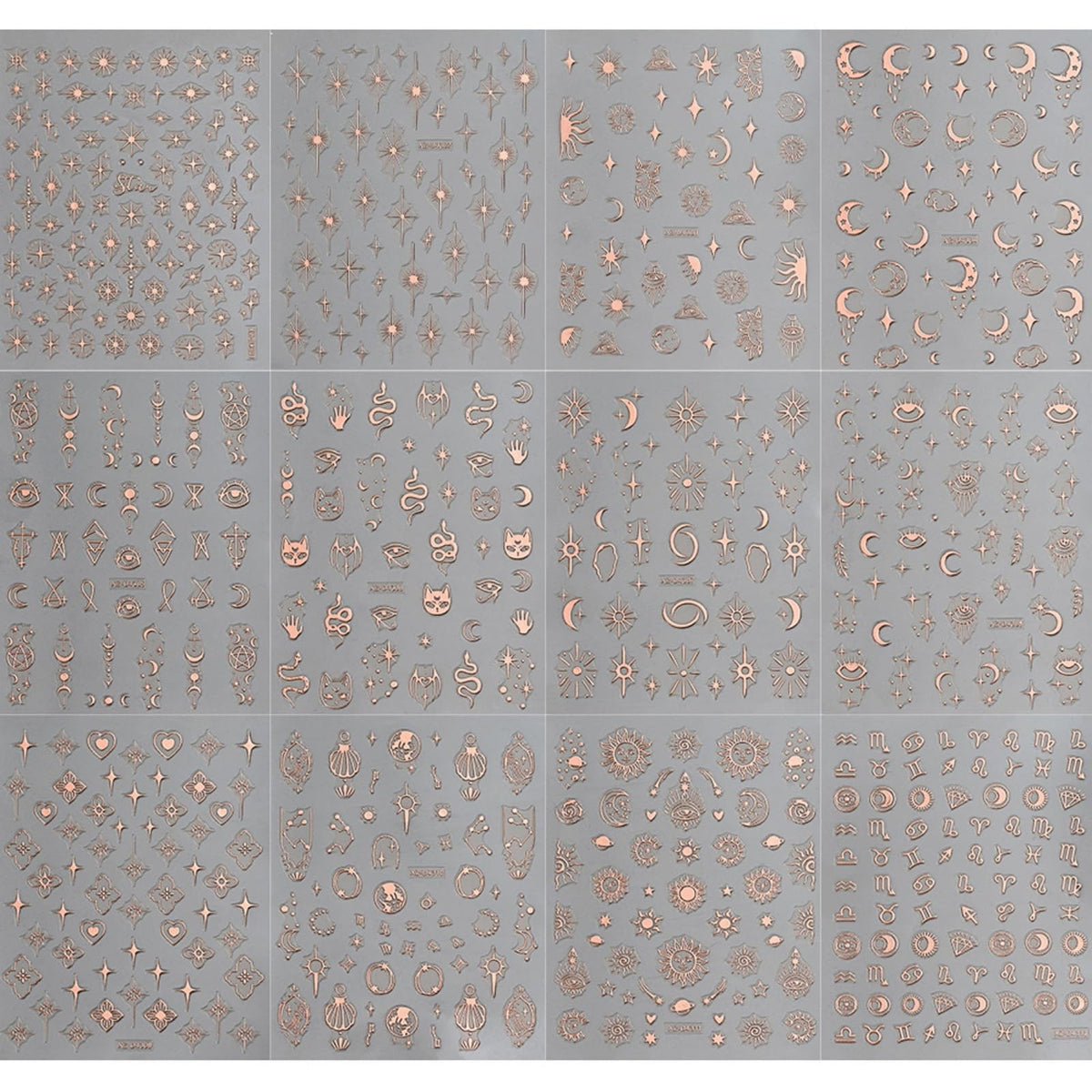 12 Sheets Rose Gold Nail Art Stickers, 3D Self-Adhesive Sun Moon Stars Designs Nail Sticker Acrylic Manicure Decals Decorations Accessory for Women Girls