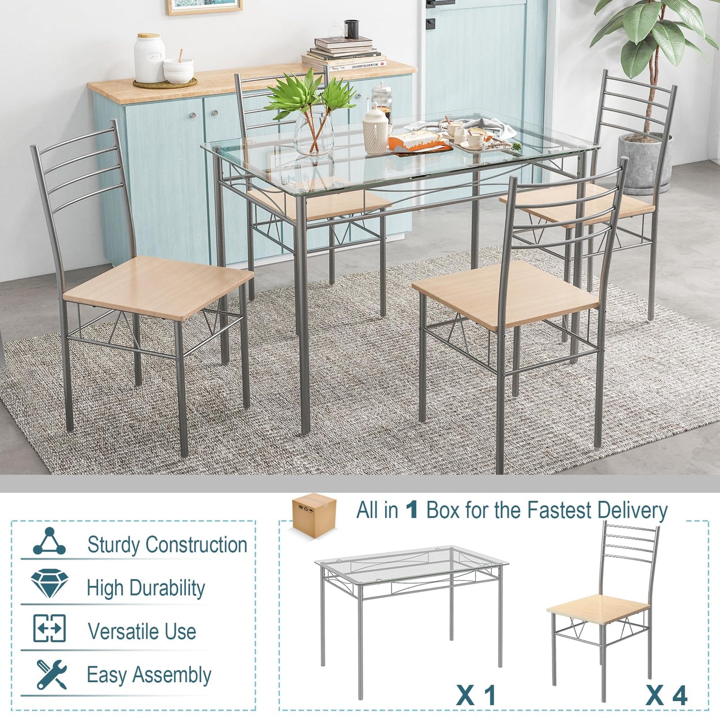 Giantex 5 Piece Dining Table Set, Kitchen Dining Set with Tempered Glass Table Top and 4 Chairs, Dinette Set for 4 for Breakfast Nook Dining Room Kitchen (Transparent)