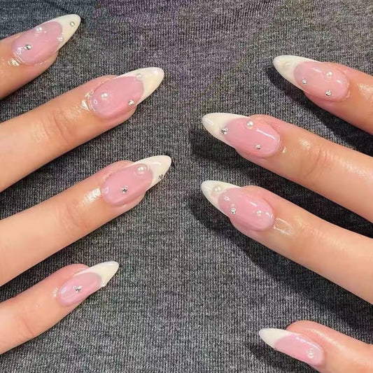 Handmade French Tip Press On Nails White Almond Reusable Stick On Nails in 10PCS - Fake Nail Kit for Women Gift, Classic (MT-101, M)