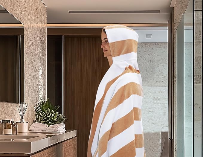 COTTON CRAFT Hooded Beach Towel – Oversized 39 x 68 Towel with Hood for Adults - 100% Ringspun Cotton Velour Terry Towel - 450 GSM Super Soft Plush Absorbent Quick Dry Bath Wrap – Cabana Stripe Linen