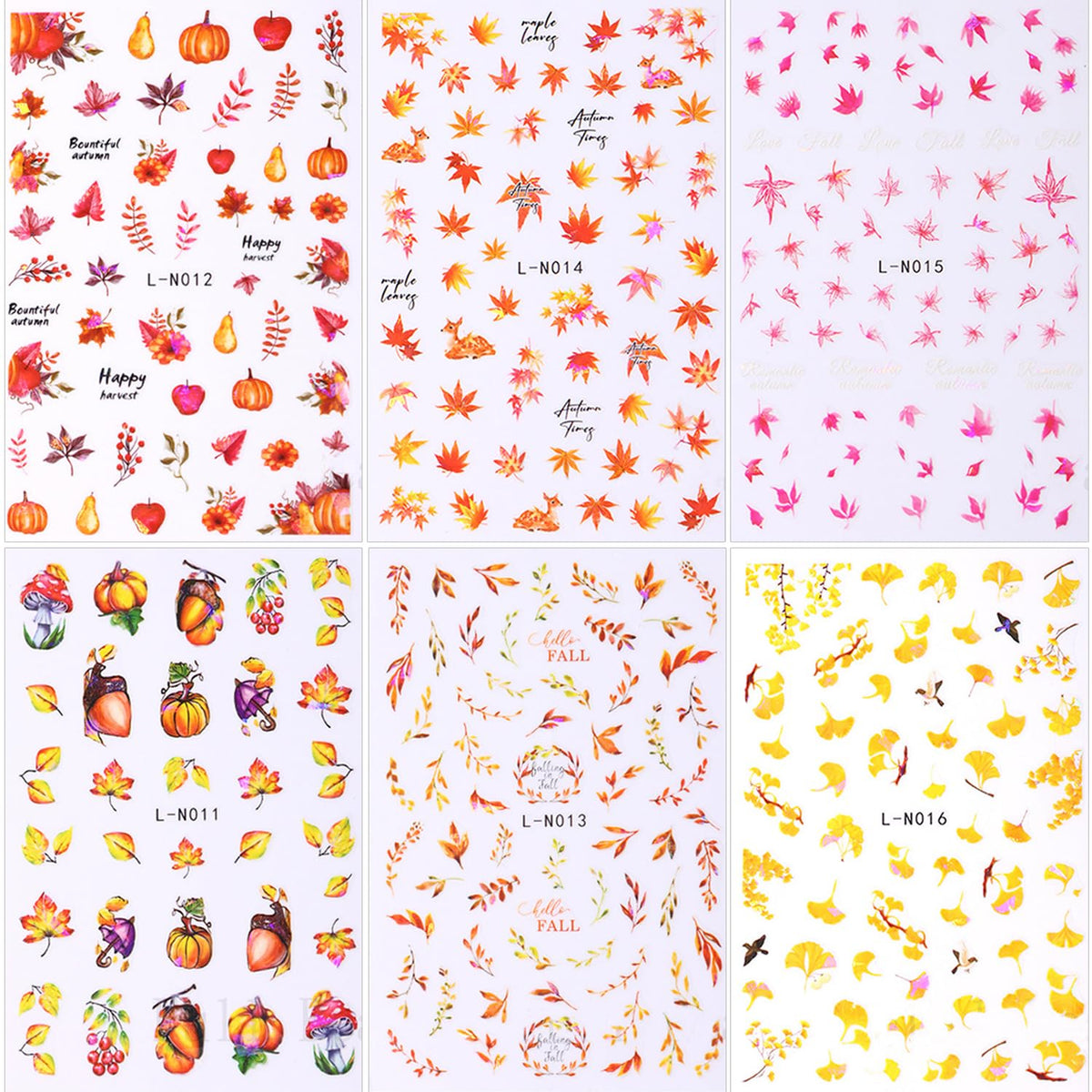 6 Sheets Fall Nail Art Stickers 3D Autumn Leaves Nail Decals Self-Adhesive Autumn Nail Art Supplies Thanksgiving Apricot Leaves Pumpkin Design Nail Stickers for Women Nail Decorations Accessories