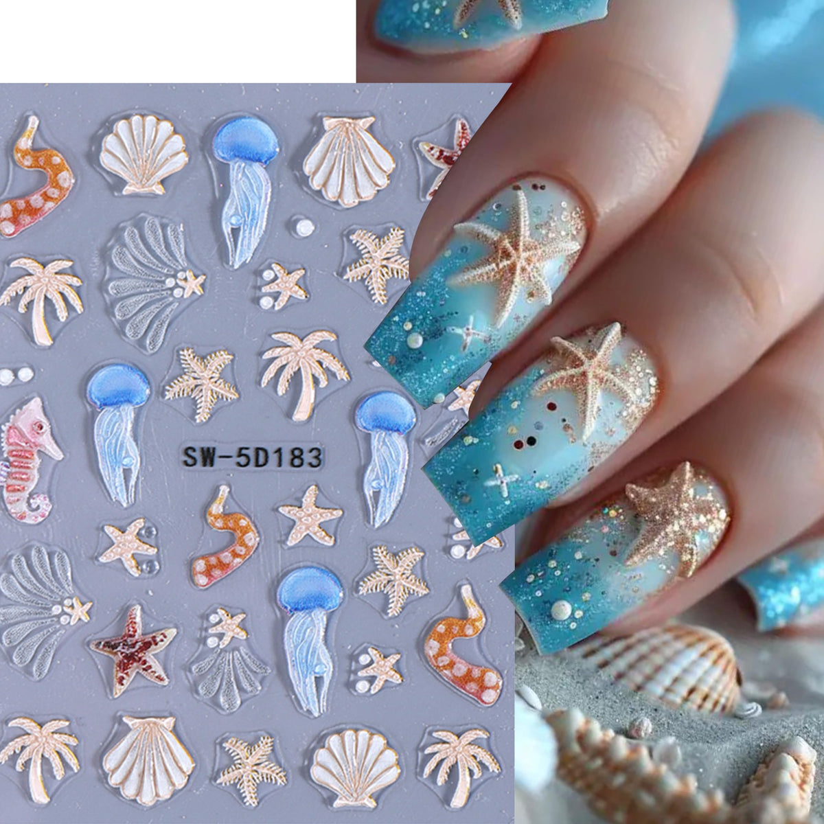 3 Pcs Summer Seashell Starfish Nail Art Stickers 5D Embossed Self-Adhesive Nail Decals Jellyfish Coconut Tree Seahorse Nail Design Summer Sea Theme Nail Supplies Marine Life Nail Decorations for Women