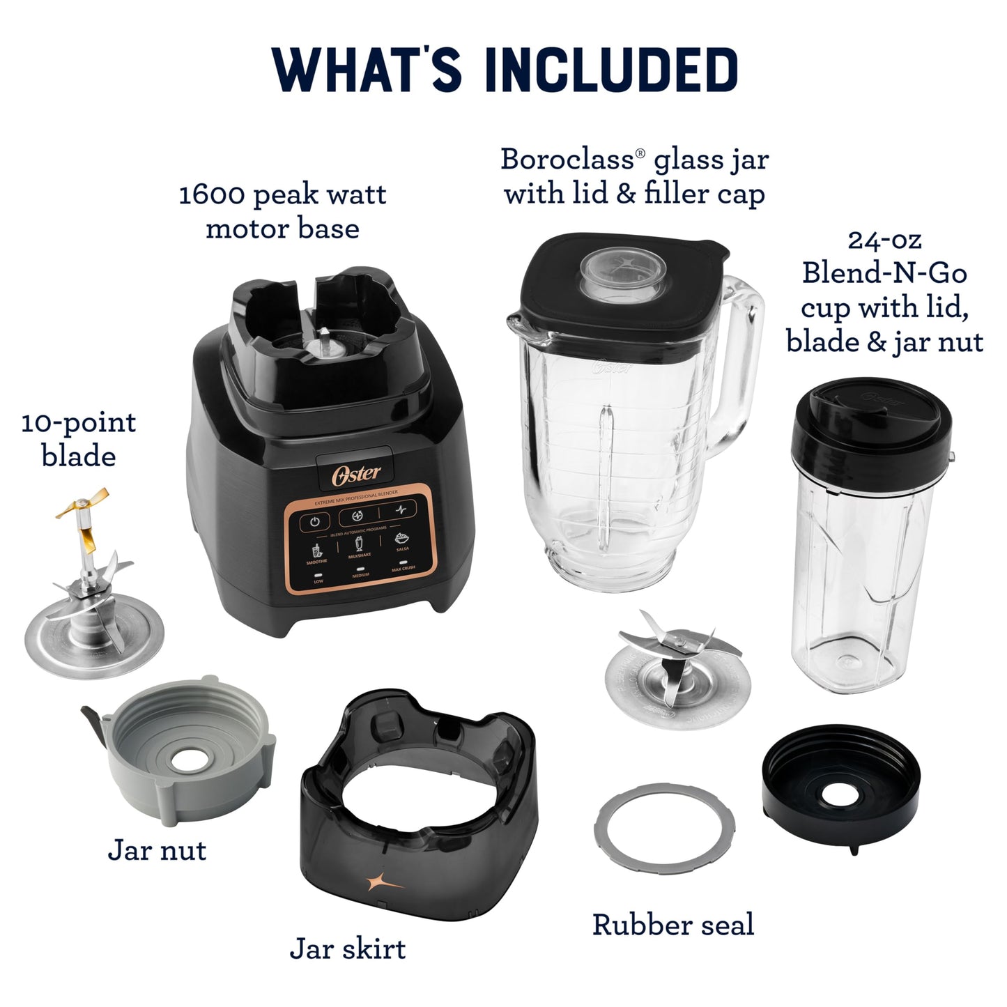 Oster Extreme Mix Blender, 64oz Glass Jar, 3 iBlend Preset Functions, 1600-Watts, 10-Point Blade Stack with Titanium Coating & 24oz Blend-N-Go Cup