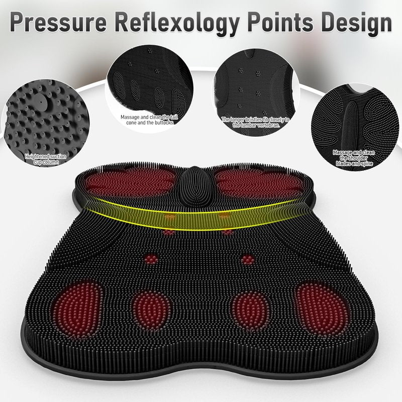Back Scrubber for Shower Wall Mounted Men Exfoliating Scratcher Mat Extra Large Silicone Hands Free Body Brush, 3D Ergonomic Back Support Message Lower Pain Relief with Anti-slip Suction Cups Black