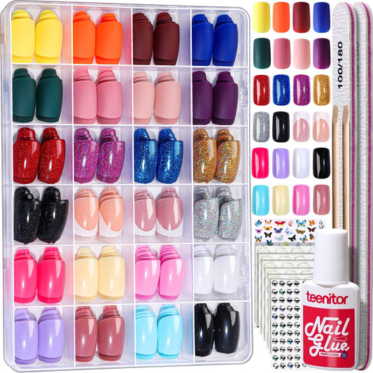 Teenitor Press on Nails Medium Square, 24Pack 576Pcs Press on Nail Kit with Glue, French Tip Nail Press ons Fake Nails for Women, Glitter Matte Glossy Stick on Nails for Nail Art Girls