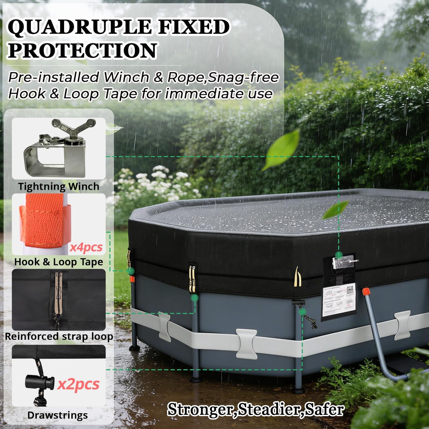 QH.HOME 550D 12x20 Ft Oval Pool Cover [Upgraded Tear Resistant & Quadruple Windpoof] wth Pre-Installed Patented Winch and Rope,Pool Covers for Above Ground Pools Oval-Snug Fit & Waterproof Protection