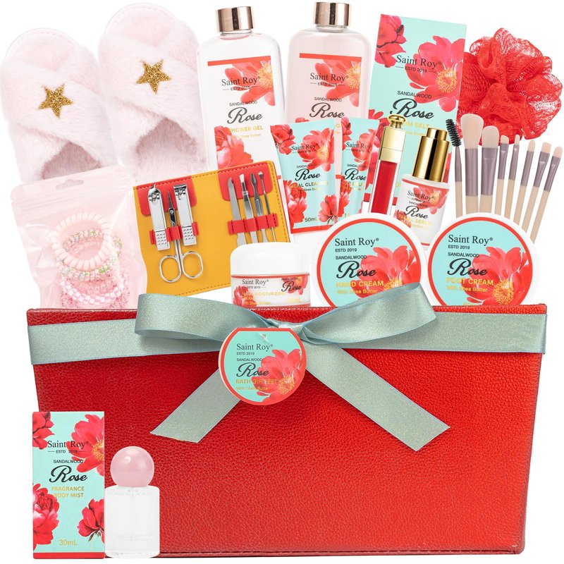 39 Pcs Sandalwood Rose Spa Gift Set, bath kit Bath and Body Spa Gift Basket for Women Necklace, Face Skin Care Kit, Self-Care Set, Lip Gloss, Birthday, Christmas, Mother, Bridal Shower, Anniversary