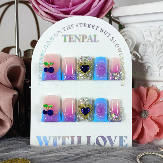 TENPAL Handmade French Tips Press on Duck Nails Kits - Icy Blue Purple Ombre Duckbill Nails with 3D Cherry Design, Acrylic Glossy Y2K False Nails for Women Girls Daily Parties(L)