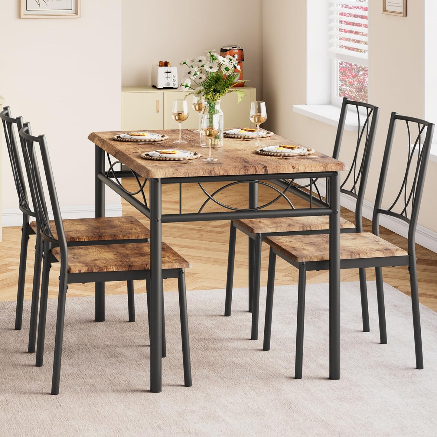CABIHOME Dining Table Set for 4, Kitchen Table Set with 4 Chairs, Rectangular Dining Table Set for 4, Kitchen Table Set for Apartment, Small Space, Dining Room, Retro Brown