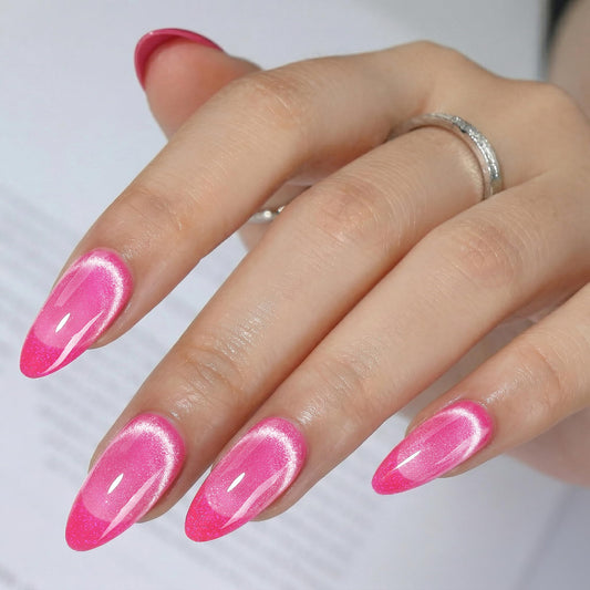 UNA GELLA Hot Pink Press on Nails Almond, Cat Eye Soft Gel Fake Nails for Women, 32 Pcs 16 Sizes Reusable Glue on Nails Kit, False Nails with Nail Glue and Adhesive Tabs