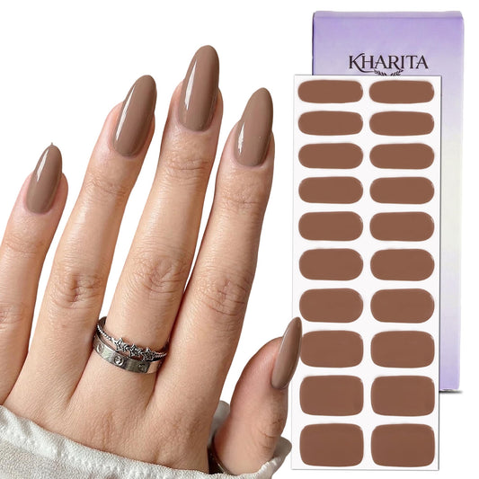KHARITA Semi Cured Gel Nail Strips – Real Gel Nail Polish UV Wraps for Brittle Nails | Long Lasting Easy Peel-Off Removal | Hema-Free | 20-Piece Solid Brown Salon Sticker Kit with File & Stick