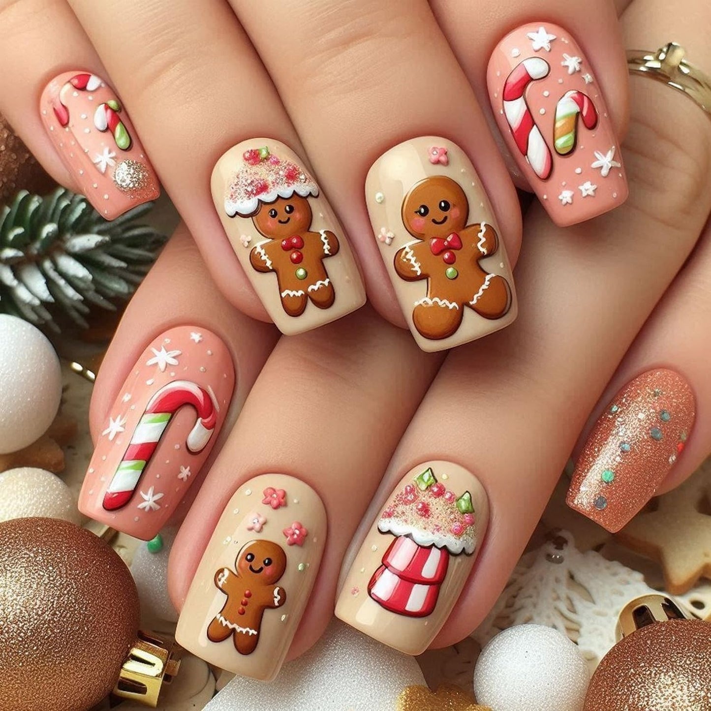 Christmas Cute Cartoon Press on Nails Short Square Fake Nails with House Snowflake Flower Gingerbread Man Designs Acrylic False Nails Xmas Winter Glue on Nails for Women and Girls 24Pcs