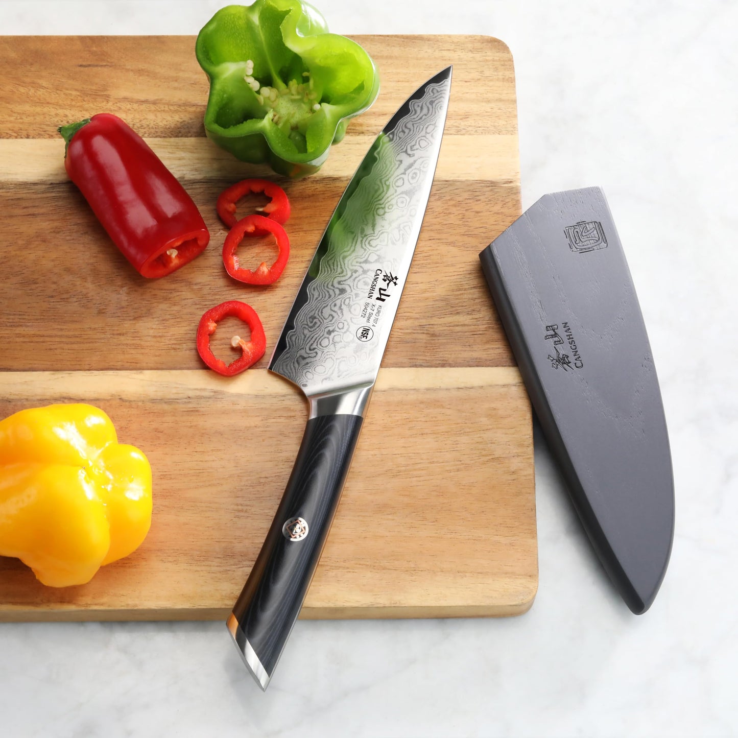 Cangshan KURO Series 6-Inch Chef's Knife with Sheath, High Carbon X-7 Damascus Steel, 504272
