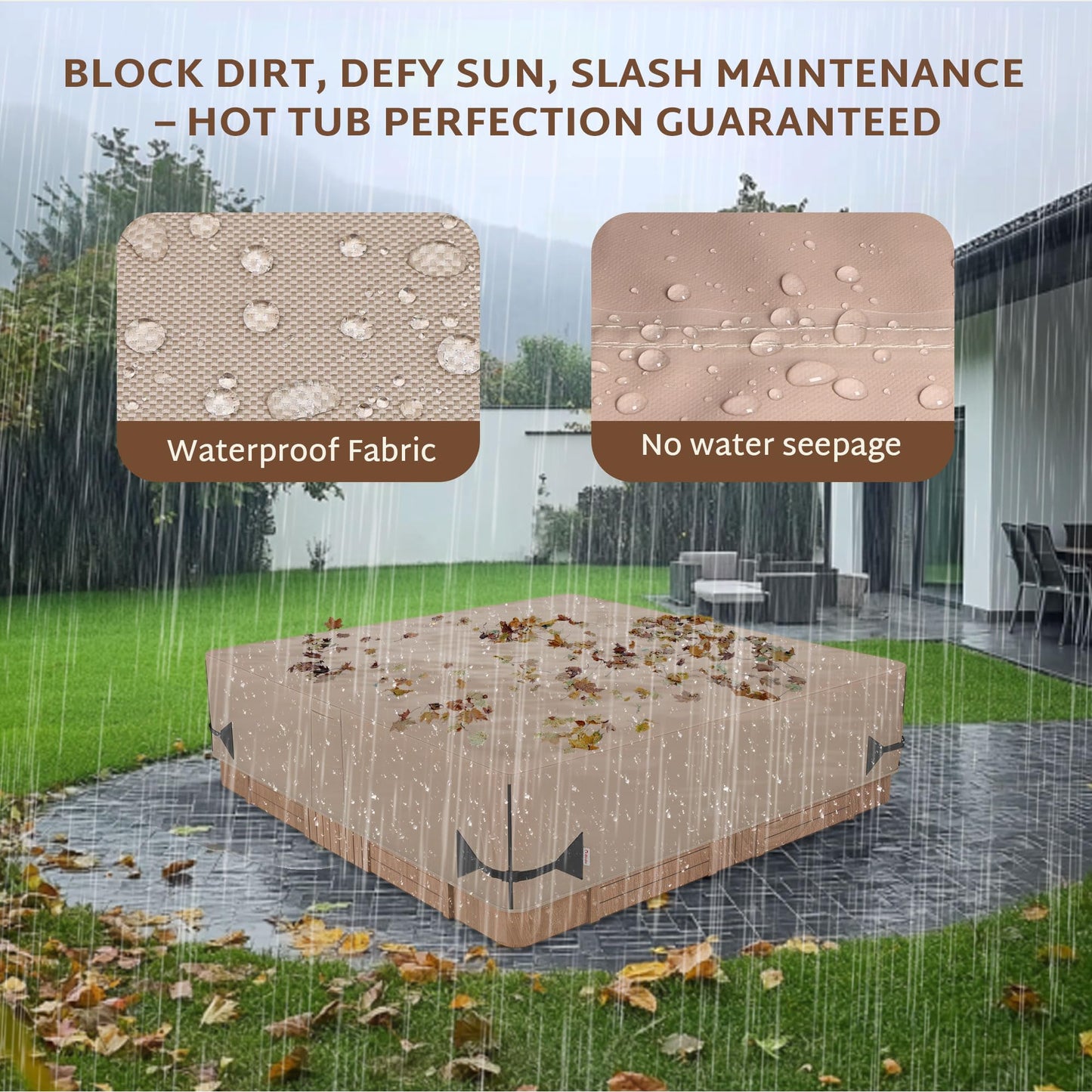 iBirdie Outdoor Waterproof Hot Tub Cover 88 x 88 inch fit 85 x 85 or 86 x 86 or 87 x 87 Square SPA 600D Heavy Duty Weatherproof Cover Protectors Protective Cap, Brown