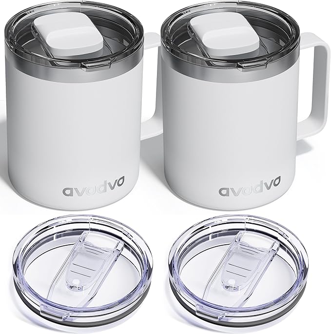 2 Pack 12oz Insulated Coffee Mug with Lids â Double Wall Stainless Steel Travel Cups with Handle, Keep Hot & Cold Drinks, Ideal Gift for Coffee Lovers, Home, Office & Camping, White