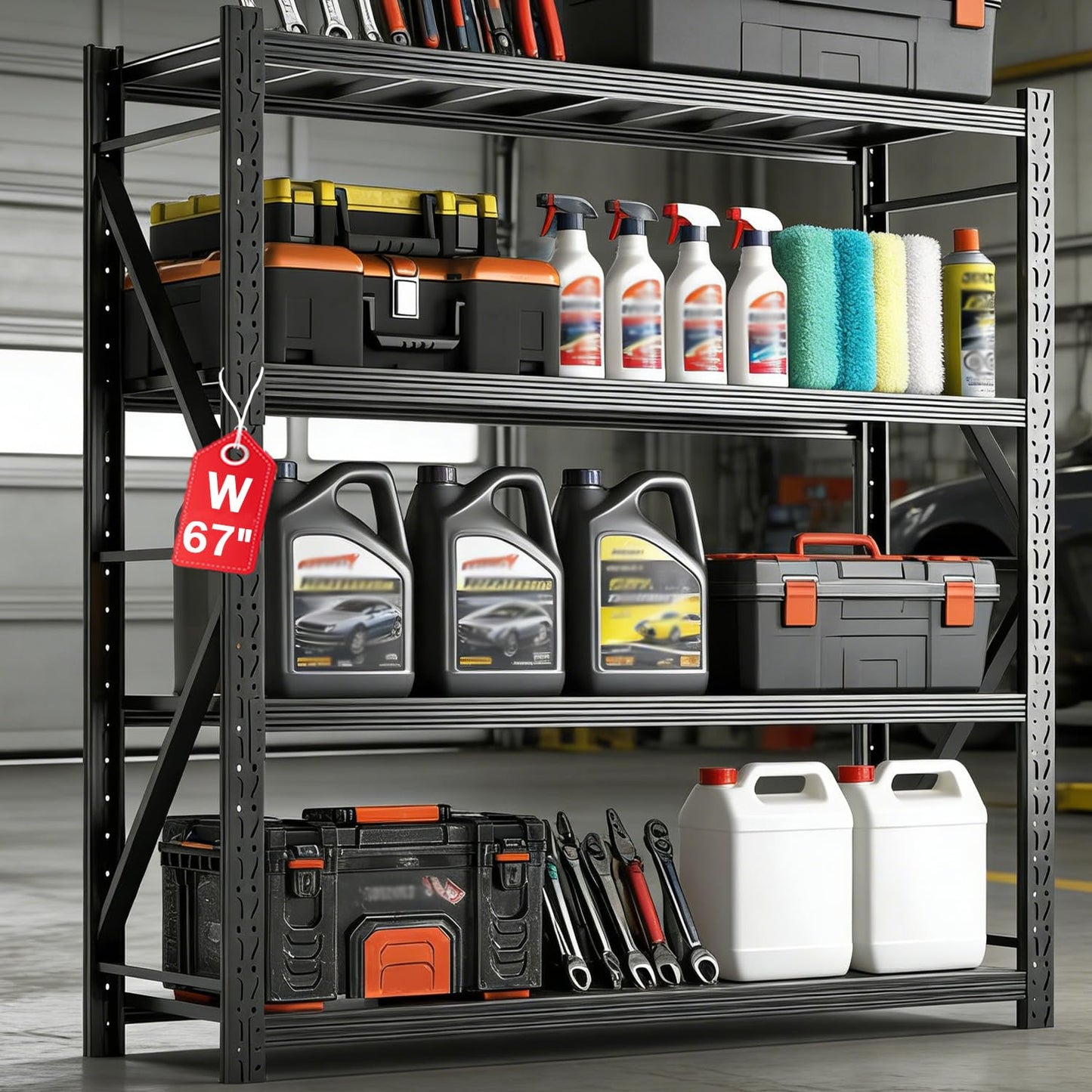 Jaqiumn Metal Garage Shelving Unit, Heavy Duty Adjustable Industrial Storage Shelves, Steel Storage Rack for Garage, Warehouse, Basement, Black, 64.6" H x 67" W x 21.7" D, 1 Pack