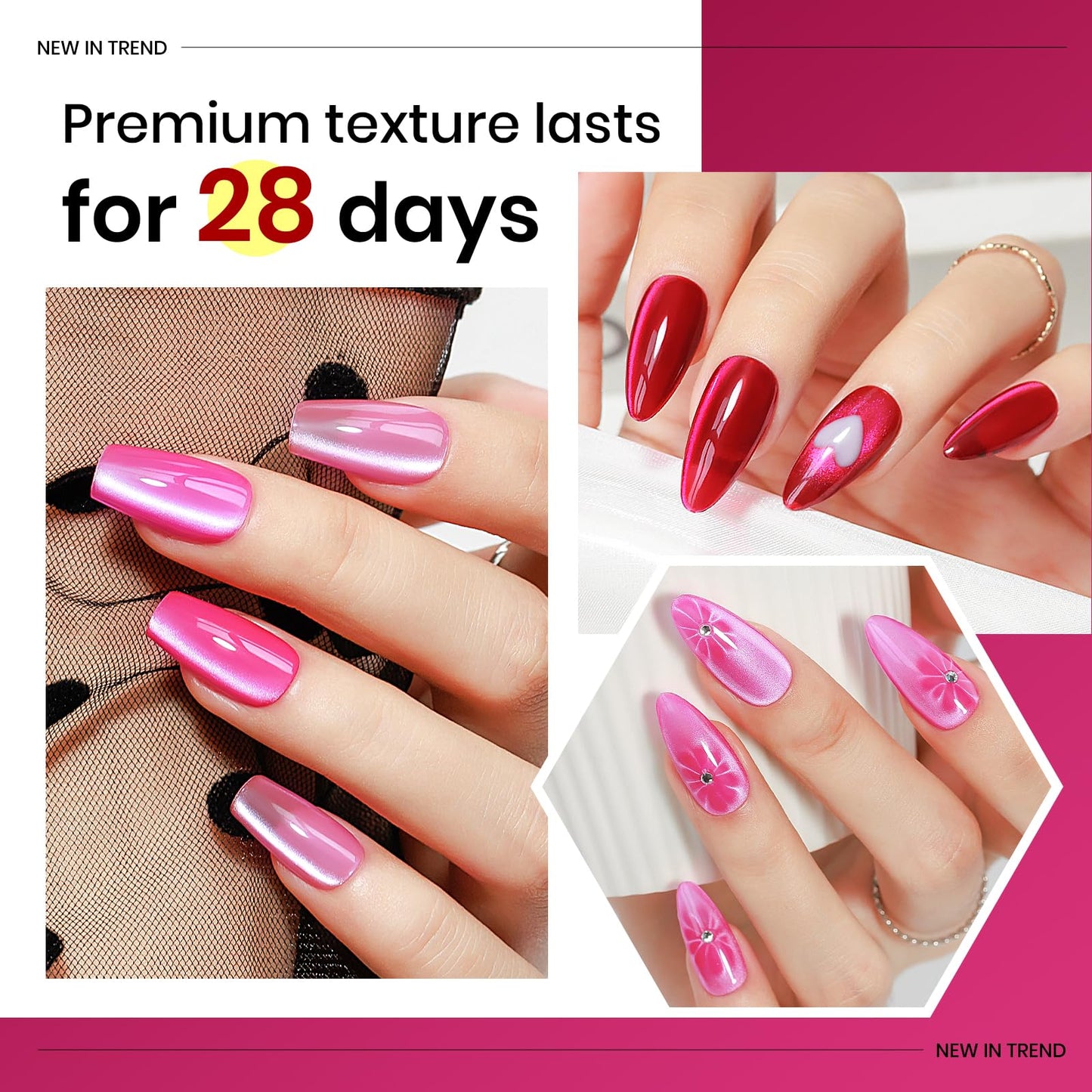 MIZHSE Cat Eye Gel Nail Polish, Pink Magnetic Gel Polish Set with Magnet Stick, Glossy Finish Neon Hot Pink Soak Off Nail Art Manicure Salon DIY Home Women Gift
