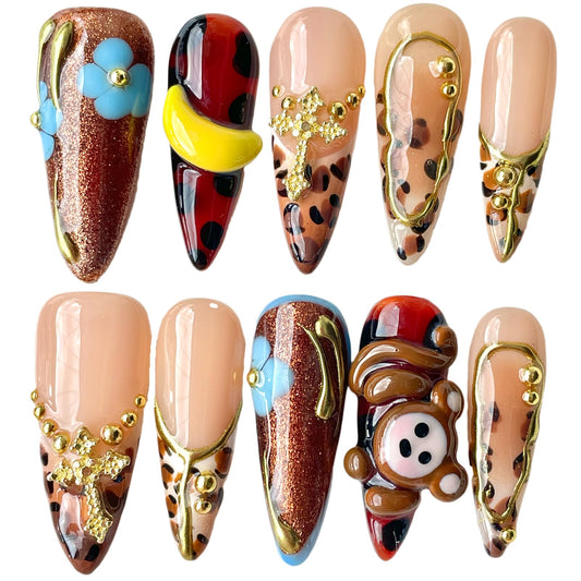 Handmade Press on Nails Cute 3D hand-crafted Monkey & Banana, Leopard Print Design - Long Stiletto Shape Reusable False Nails, Fun Animal Themed Nail Art (Pawky Monkey, M)