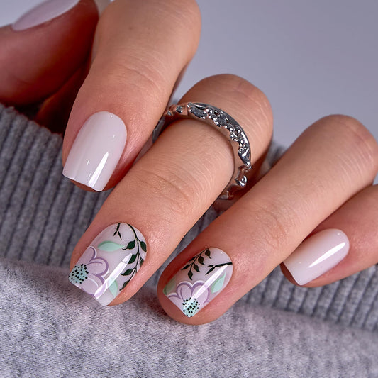 Curvlife Press on Nails Acrylic Fake Nails with Design Full Cover False Nails Reusable Nail Kit with Nail Glue Adhesive Tabs Nail File Artificial Glue on Nails (flowers, 30pcs)