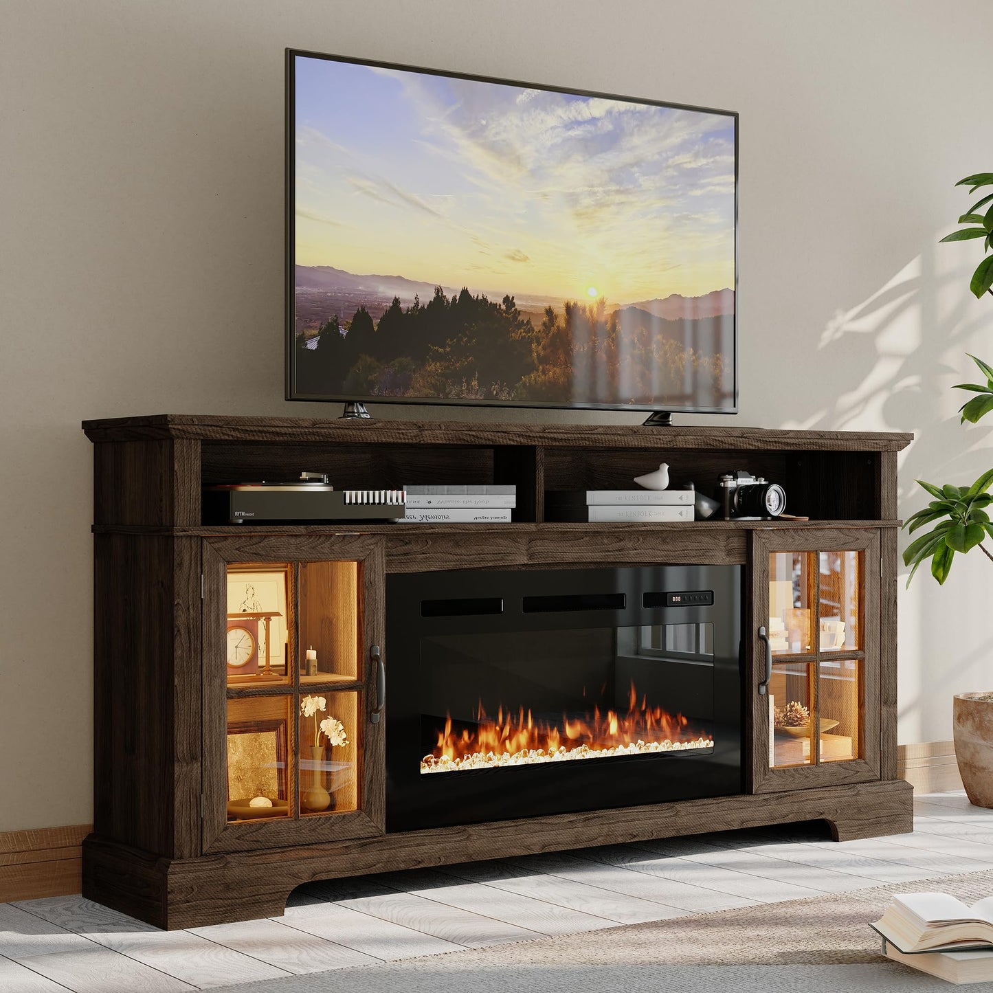 Nordivale 70" Fireplace TV Stand, Modern Entertainment Center for TVs Up to 80”, TV Console with Storage Cabinets, Media Console for Living Room, Brown TV Stand and Black Fireplace