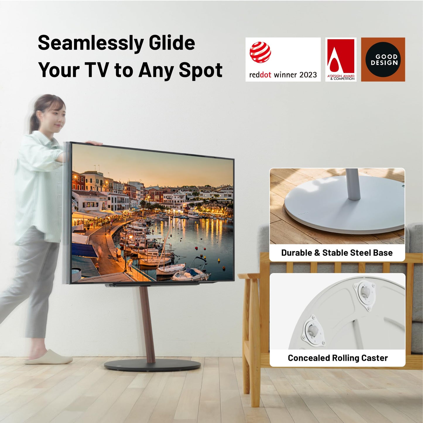 WALL Seven Stand A2 Large | Rolling TV Stand for 45–80" w/ 37.4" Soundbar Shelf | Walnut | Portable TV Stand with Shelf | Height Adjustable, Space Saving, for Living Room and Bedroom