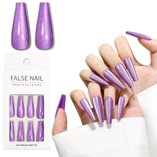 Purple Cat Eyes Press On Nails,12 Sizes - 24 Pcs Soft Gel Purple Long Coffin Fake Nails Kit with Nail Glue, Natural Reusable Stick On False Nails for Women and Girls SK1051