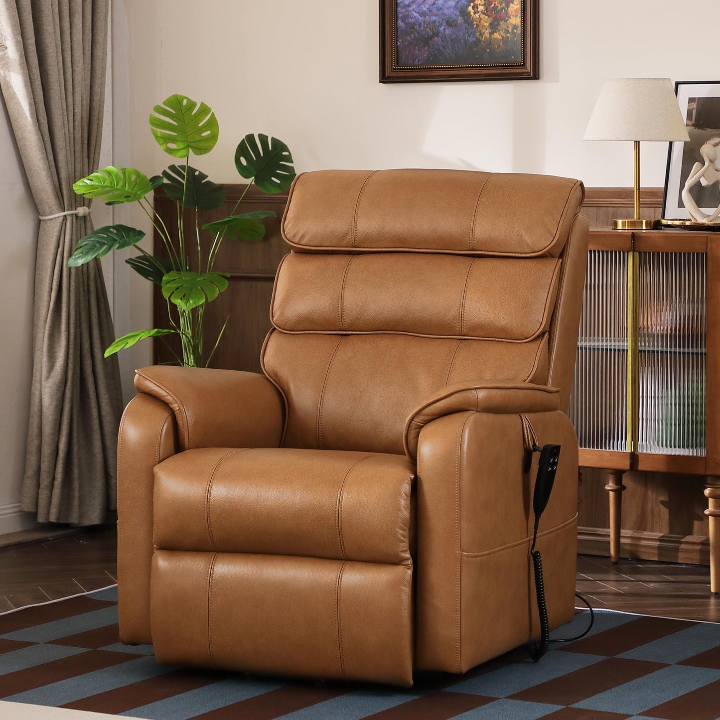 DYNOX 350 LBS Genuine Leather Power Lift Recliner Chair for Elderly, Medium Size Dual Motor Lay Flat Infinite Positions Recliner with Heat & Massage (9188,Genuine Leather,Camel)