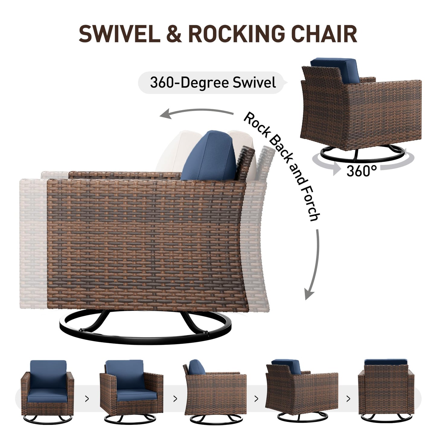 UDPATIO Patio Furniture Set, 5 Pieces Outdoor Conversation Sets with Rocking Swivel Chairs, Wicker Rattan Outdoor Sofa Set with Storage Table and Waterproof Covers for Backyard, Deck, Porch, Navy