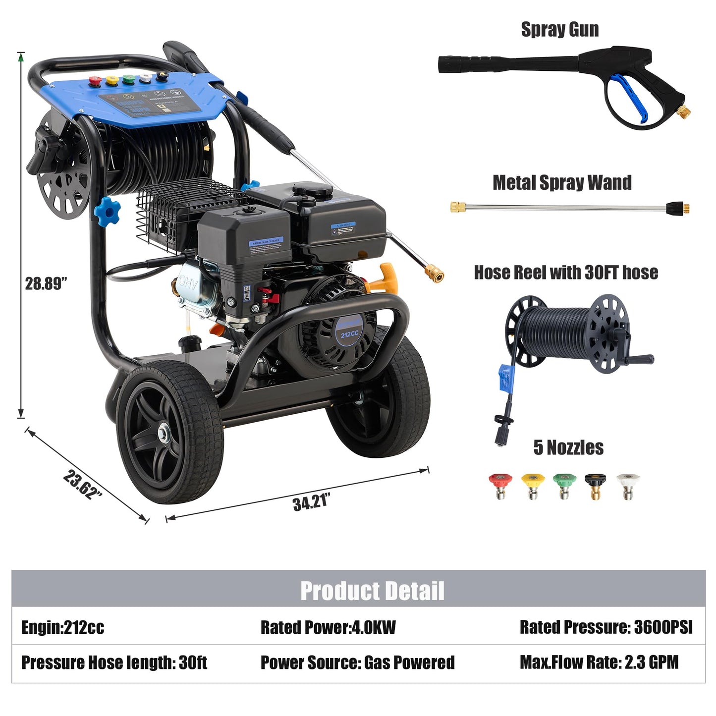 Ezasin Gas Pressure Washer 3600 PSI, 2.3 GPM Heavy Duty High Power Washer,212CC Engine with 30FT Hose, Axial Aluminum Pump, Soap Tank, Spray Gun and Wand, 5 Quick Connect Nozzle (Blue)
