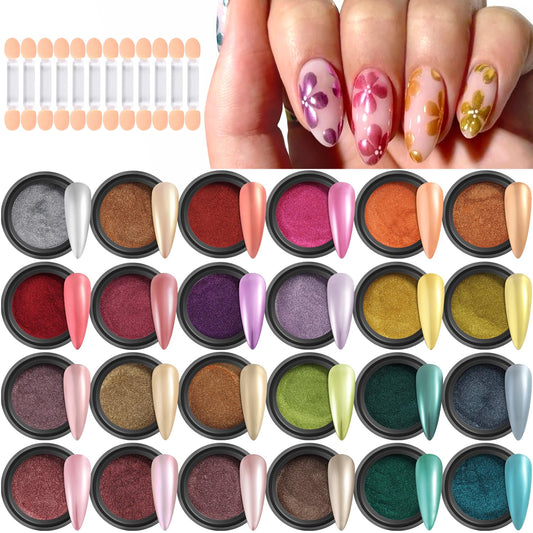 Furtherpretty Chrome Nail Powder Kit, 24 Colors Mirror Effect Metallic Chrome Powder For Nails Gold Silver Rose Pink Blue Purple Nail Glitter Pigment With Brushes Manicure Salon Supplies
