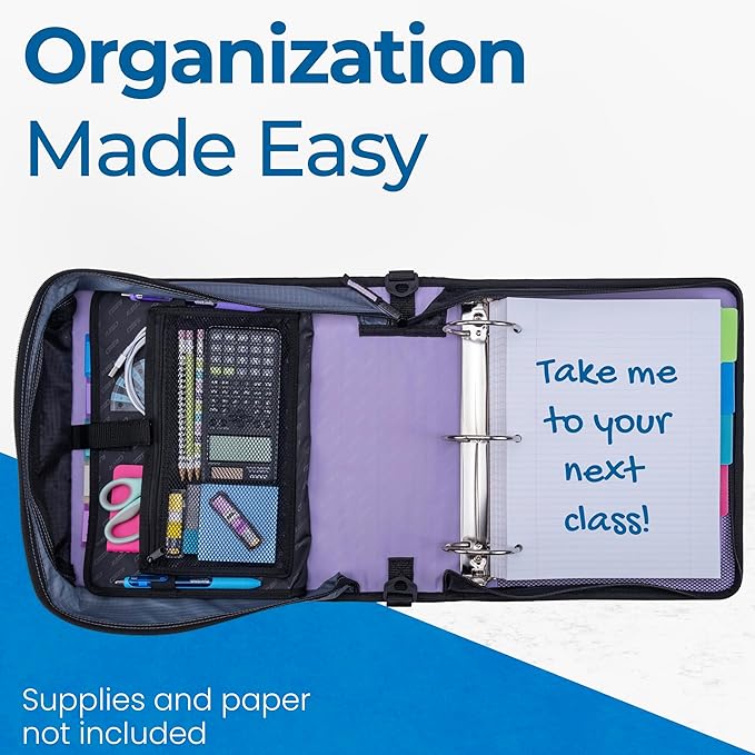 Case-it Mighty Zip Tab School Zipper Binder | 3-Inch O-Rings, 600-Sheet Capacity, 5-Subject Expanding File Folder, Multiple Pockets & Storage Organizer, Shoulder Strap | D-146 Lavender (Pack of 6)