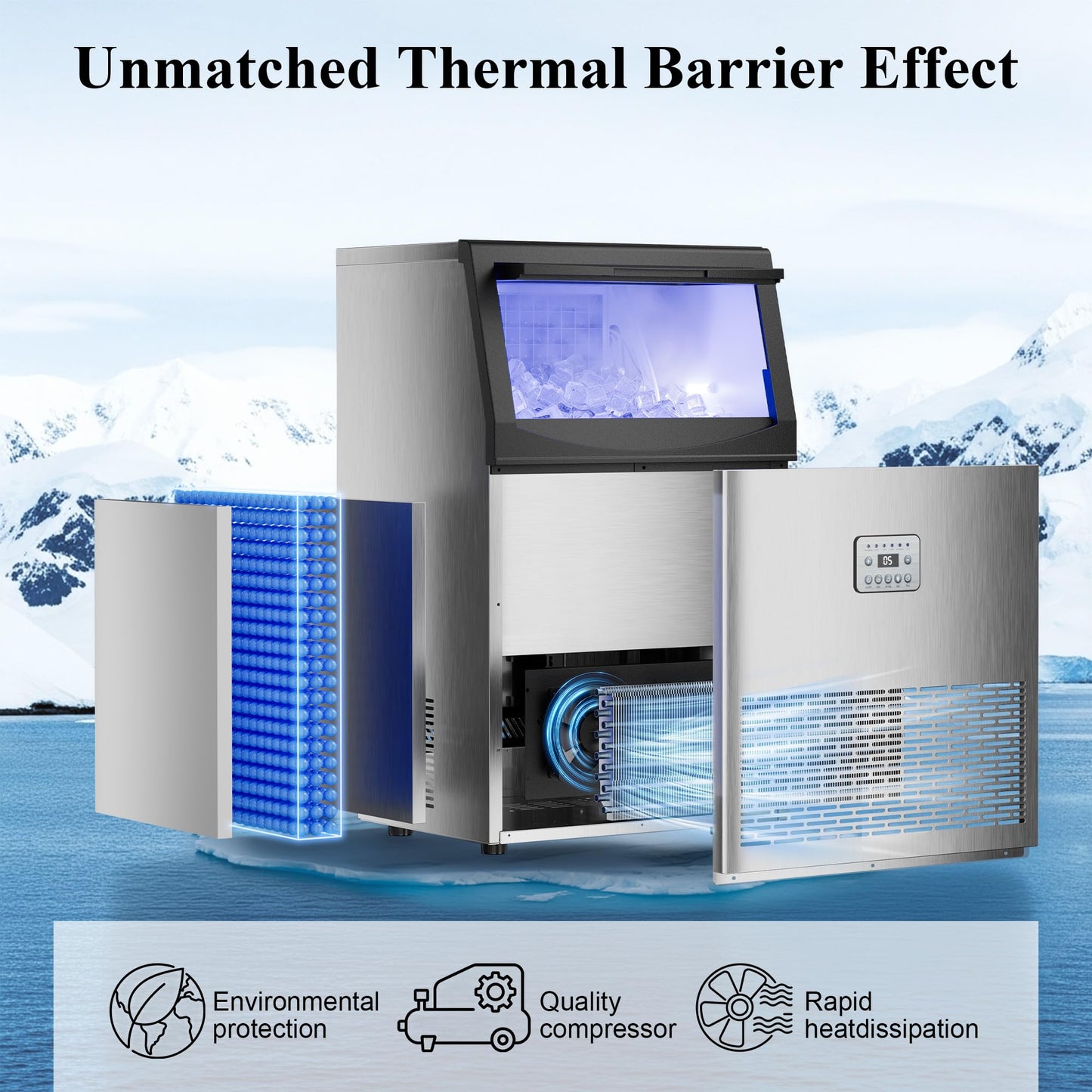 Mountman Commercial Ice Maker,110 lbs/24H,Stainless Steel Ice Machine with 33 lbs Storage Capacity,50 Cubes in 14 Mins,Water Filter,Under Counter/Freestanding Ice Makers for Home,Restaurant,Bar,Cafe