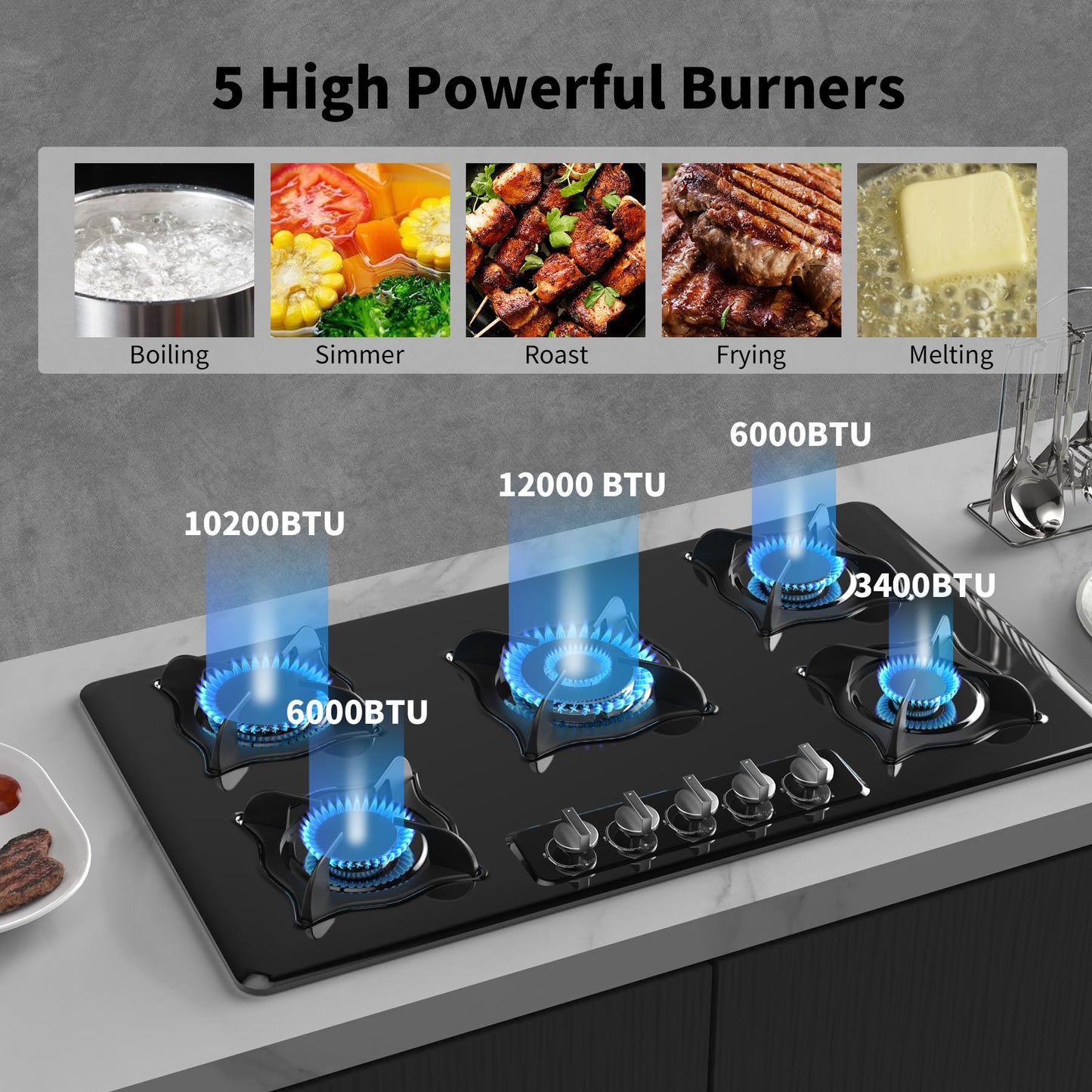 Nafewin Gas Cooktop 36 Inch, 5 Burner Gas Stove Top Built-in Propane Stove Stainless Steel, NG/LPG Dual Fuel Auto Ignition Propane Cooktop, Thermocouple Protection