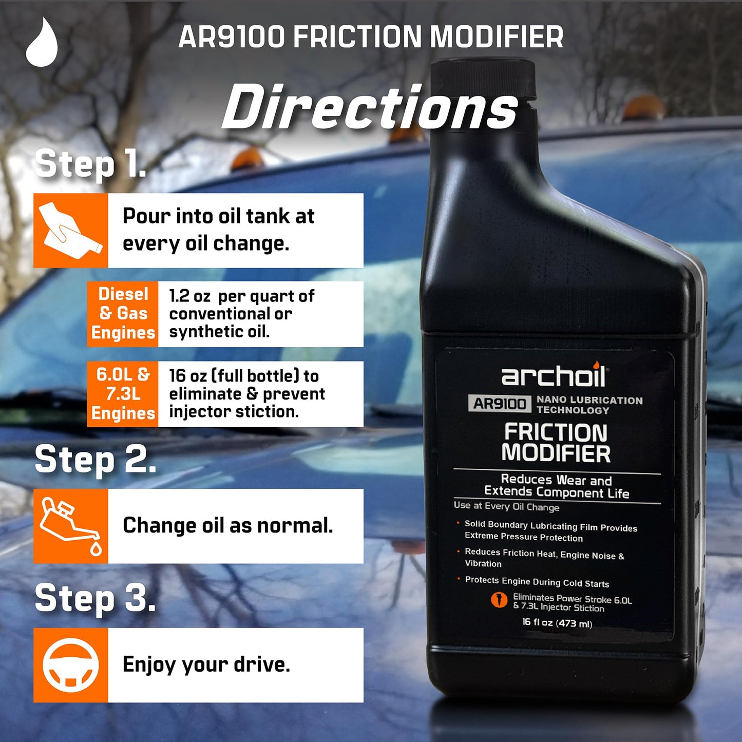 Archoil AR9100 Oil Additive (16oz) for All Vehicles - Powerstroke Cold Starts, Eliminates Injector Problems