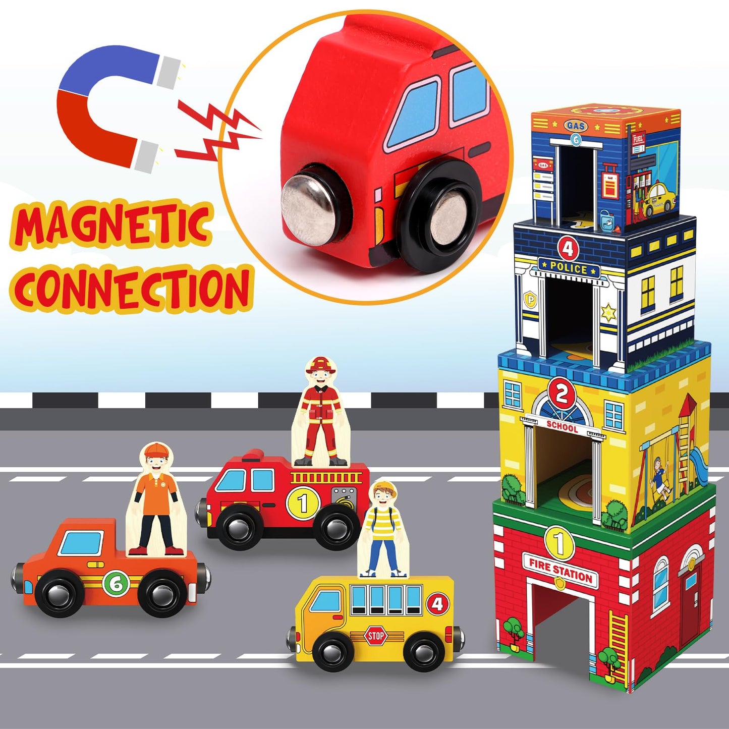 Atoylink Toddler Sorting and Stacking Toys with Magnetic Wooden Cars & Community Helpers, Baby Number Blocks Nesting Boxes Preschool Learning Montessori Toys for 1 2 3 Year Old Boys Girls Gift