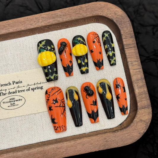 Handmade Press on Nails Halloween, Almond French Tip Fake Nails with Spider & Web bat Design 3Dpumpkin, Reusable Stick On Nails for Women, 10pcs (MT-154-L)