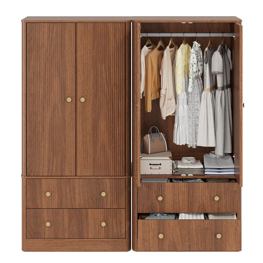 EVLIQUIL Mid-Century Modern Bedroom Armoires Wardrobe - 66" Clothing Storage Organizer with 2 Spacious Drawers & Hanging Rod, Freestanding Space-Saving Walnut Finish, Walnut
