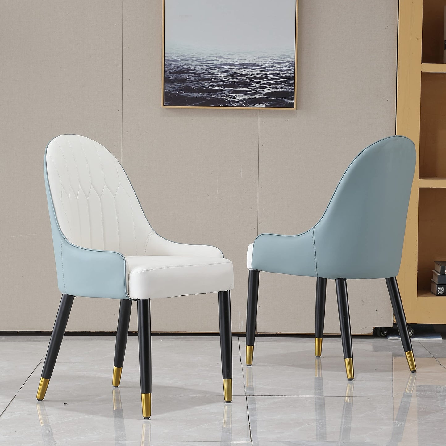 Montary 7 Piece Dining Table Set, Modern Dining Table Set of 6, White 59" D Faux Marble Dining Room Table Sintered Stone Round Table with 6 Blue Dining Chairs
