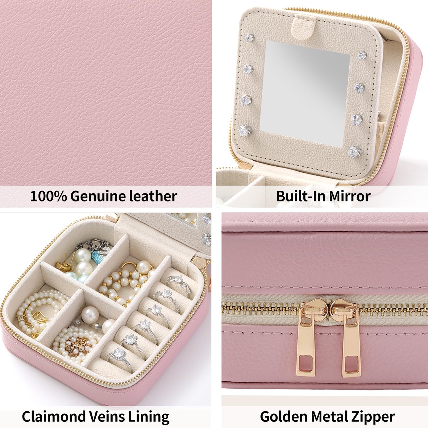 NGVRC Genuine Leather Travel Jewelry Organizer Case with Mirror for Women, Small Mini Portable Jewelry Box for Ring Earrings Necklace Bracelet Luxury Gift for Women（Beige）