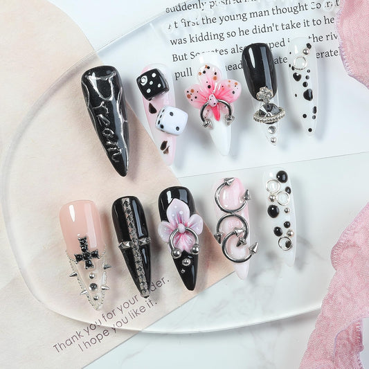 Handmade Y2K Gothic Press On Nails, Black Pink 3D 5D Charm Fake Nails with Cross Flower Silver Rings, Long Reusable Nail 10pcs Set for Party, Festival, Cosplay & Night Out – Appife