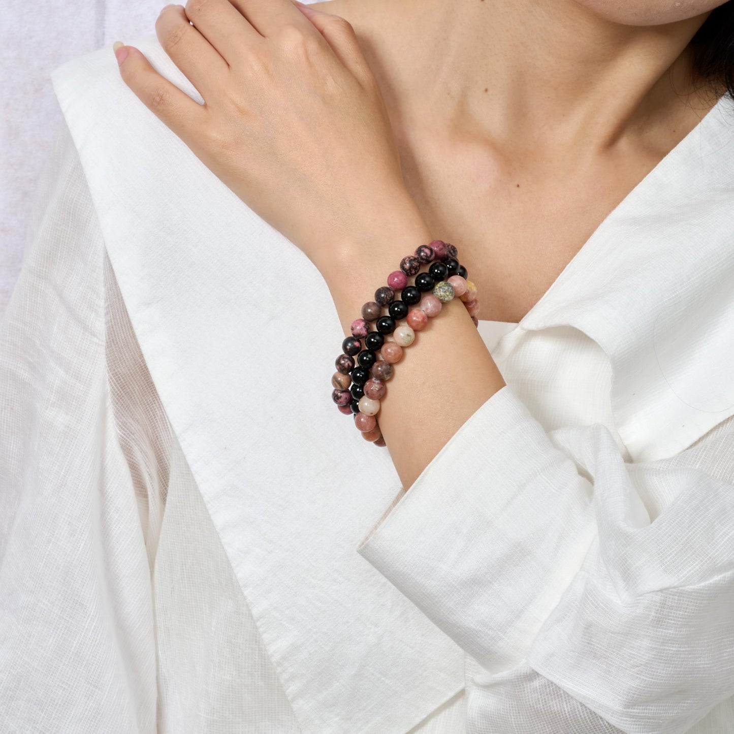 Bivei 3-Piece 8mm Beaded Bracelets for Women – Plum Blossom Jade, Rhodonite, Black Obsidian – Handmade Natural Crystal Stretch Elastic Jewelry for Meditation, Yoga, Protection Gifts