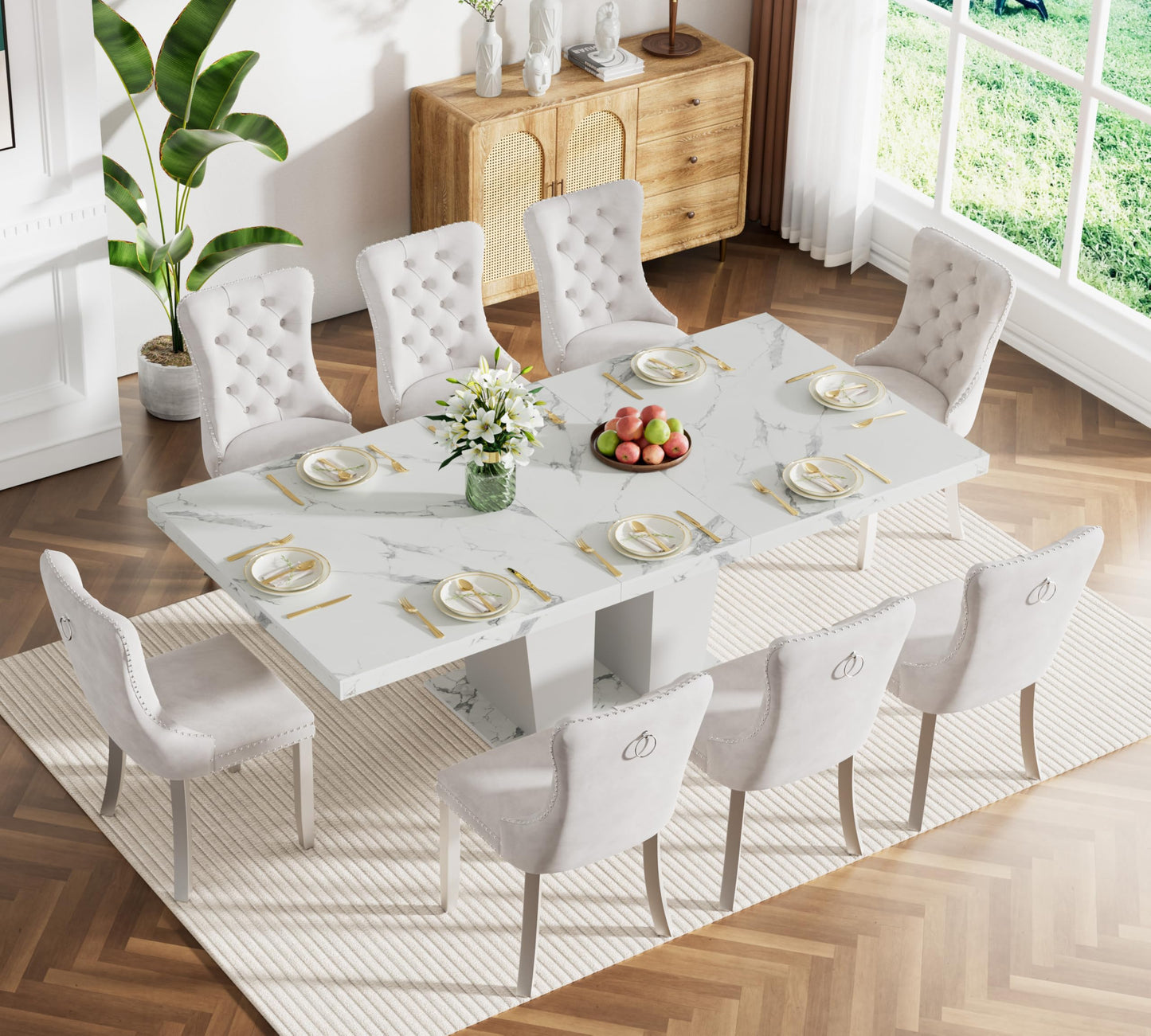 MELAABUU 9 Pieces White Extendable Dining Table Set, 63"-78.74" Expanding Modern Kitchen and Dining Room Table Set for 8, Rectangle Faux Marble Extendable Dining Table& Beige Velvet Upholstered Chairs