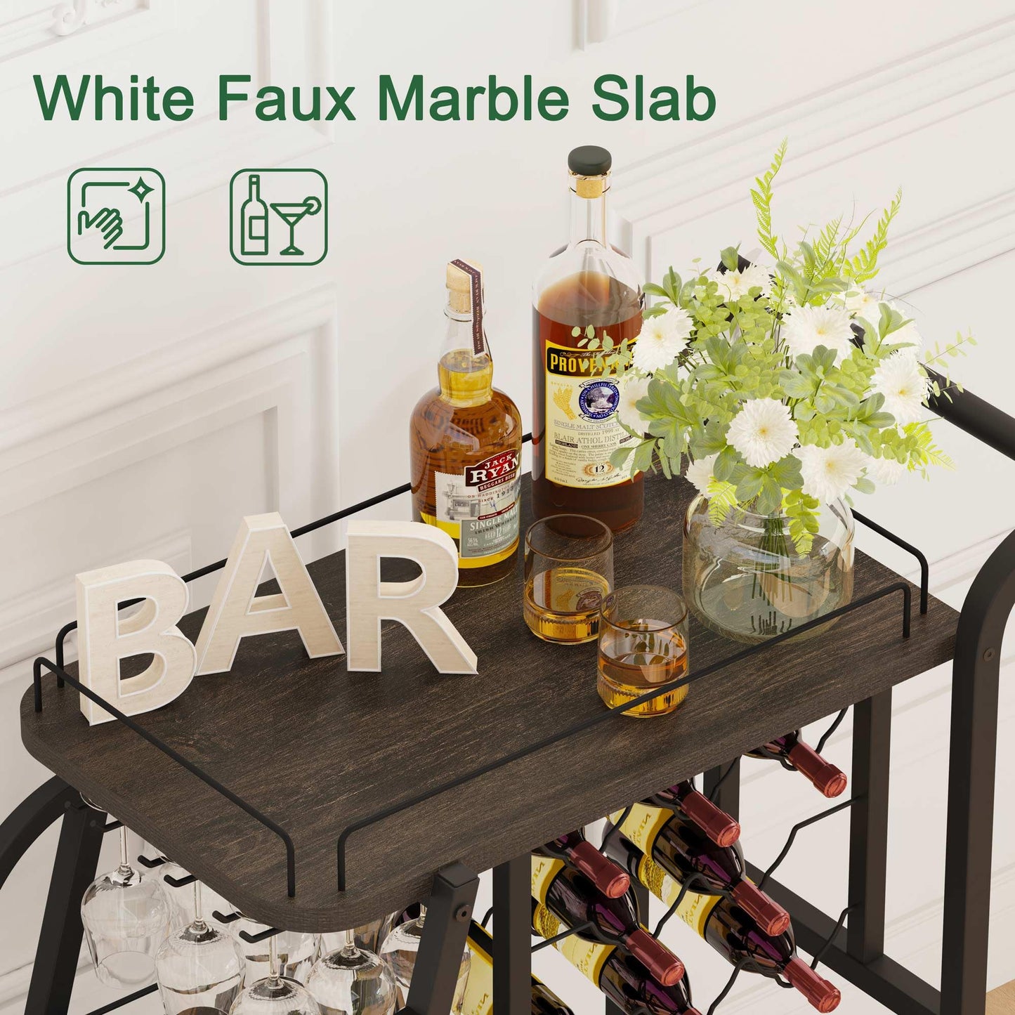Aubtik Rustic Bar Cart, 3 Tier Rolling Bar Carts for The Home, Industrial Home Serving Cart with Wine Glass Holder, Wood Metal Liquor Trolley, Mobile Beverage and Drink Carts (Walnut Brown)