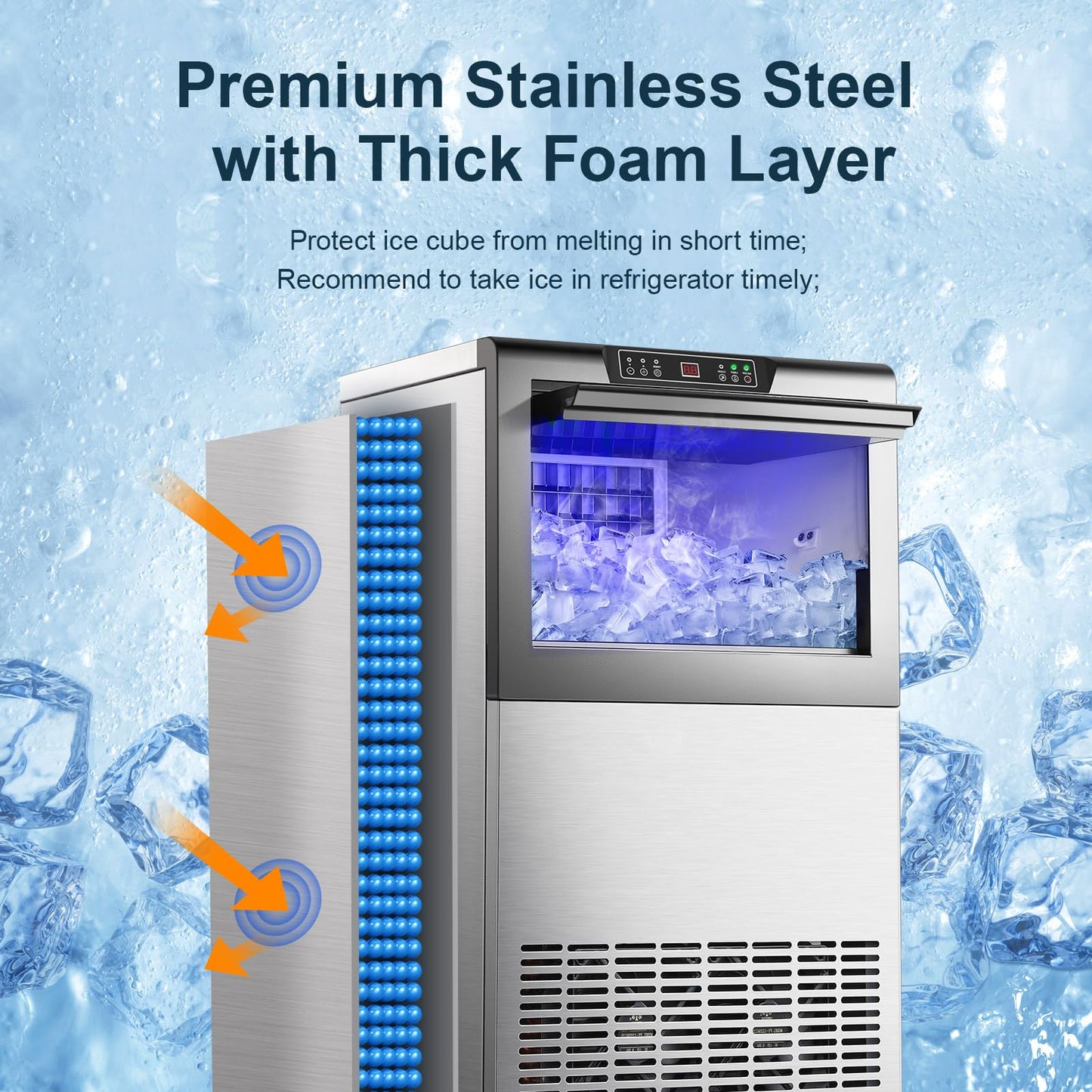 Amzgachfktch Commercial Ice Maker, 150lbs/24H Ice Maker Machine with 50lbs Ice Storage, Self-Cleaning, LED Digital Display, Blue Light, Under Counter/Freestanding Ice Machine for Home Bar Restaurant