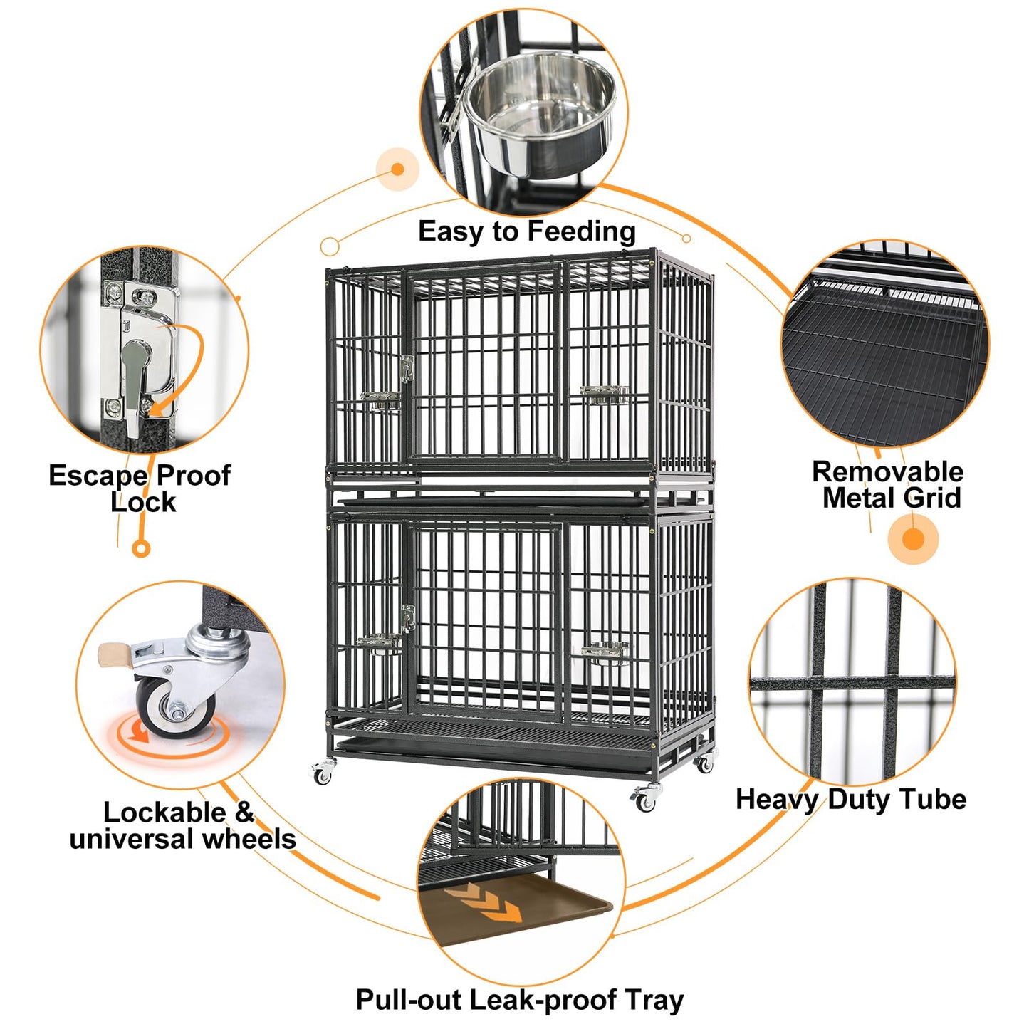 Homey Pet 37 Inch Stackable Heavy Duty Dog Crate Cage Kennel with Feeding Bowls, Lockable Wheels and Removable Tray, Escape Proof Wire Drop Dog Crates for Medium Dogs (Two Tiers)